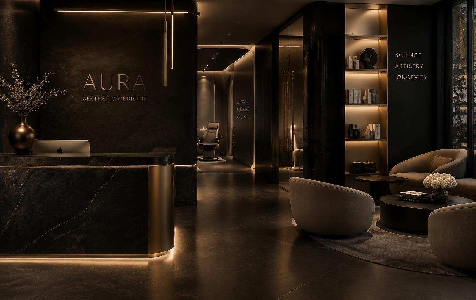 Interior da clínica Aura com iluminação suave e acabamentos escuros